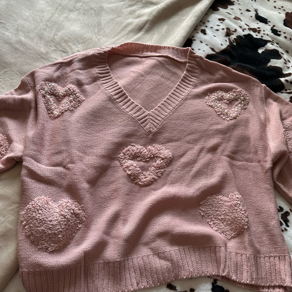 Pink Heart Patterned Women's Sweater - Picture 4 of 9